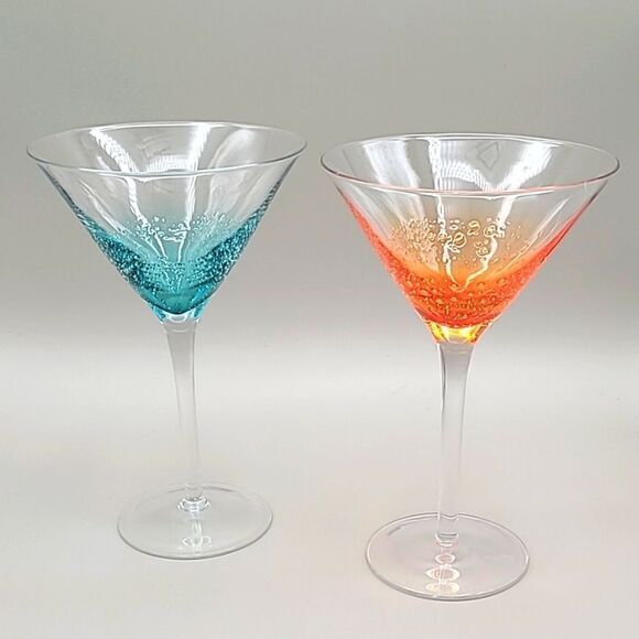 Margarita Glasses, Teal Blue & Orange with Bubbles Inside, Set of 2 - Picture 1 of 5
